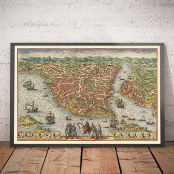 Mapa antiguo de Estambul, Constantinopla en 1572 por Georg Braun - Byzantium, Bosporus, Golden Horn, Topkapi Palace