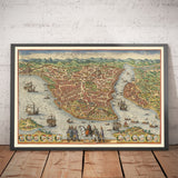Mappa antica di Istanbul, Costantinopoli nel 1572 di Georg Braun - Bisanzio, Bosforo, Corno d'Oro, Palazzo di Topkapi 