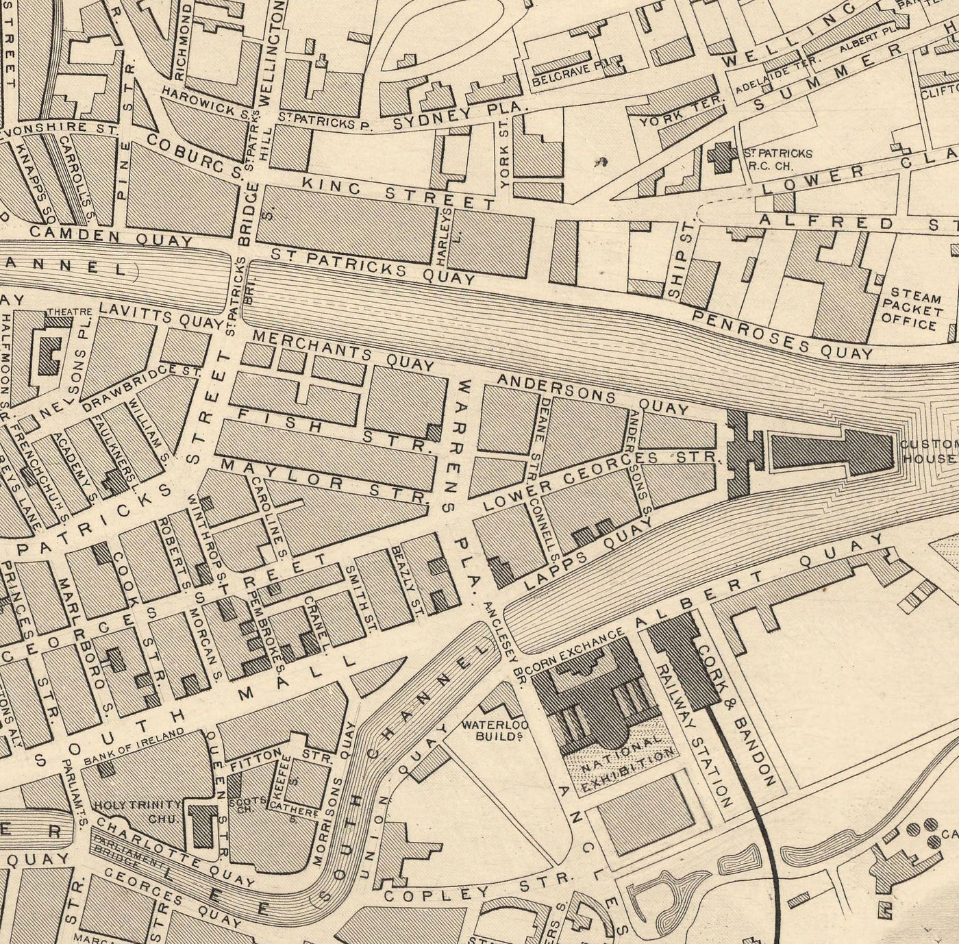 Old Map of Cork, Ireland, 1851 by Tallis & Rapkin - Victorian Quarter, Central, Popes Quay, River Lee, Munster