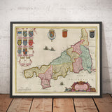 Old Map of Cornwall in 1665 by Joan Blaeu - Penzance, St Ives, Falmouth, Lands End, Padstow, Redruth, West Country