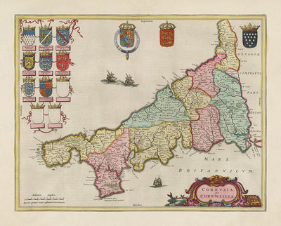 Old Map of Cornwall in 1665 by Joan Blaeu - Penzance, St Ives, Falmouth, Lands End, Padstow, Redruth, West Country