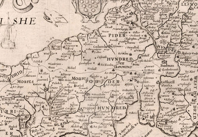 Old Map of Cornwall in 1611 by Speed - Penzance, St Ives, Plymouth, Lands End, Padstow