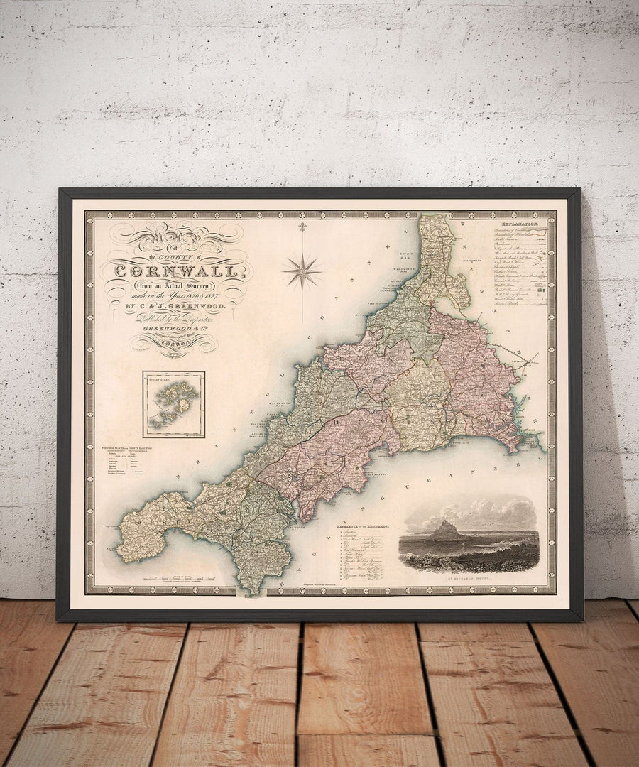 Mappa antica della Cornovaglia e delle Scilly, 1829 di Greenwood & Co. - Penzance, St Ives, Plymouth, Lands End, Padstow 