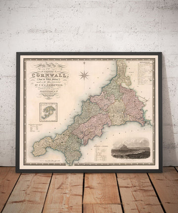 Ancienne carte de Cornwall et Scilly, 1829 par Greenwood & Co. - Penzance, St Ives, Plymouth, Terres fines, Padstow