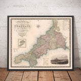 Alte Karte von Cornwall und Scilly, 1829 von Greenwood & Co. - Penzance, St Ives, Plymouth, Lands End, Padstow 