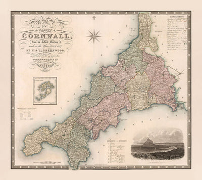 Old Map of Cornwall and Scilly, 1829 by Greenwood & Co. - Penzance, St Ives, Plymouth, Lands End, Padstow
