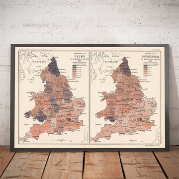 Mapa antiguo del crimen y la embriaguez en Inglaterra y Gales, 1904 - Gran Bretaña 1901 Censo y demografía