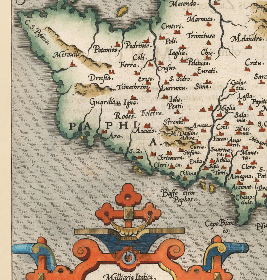 Rara Mappa Antica di Cipro di Abraham Ortelius, 1573 - Nicosia, Kyrenia, Famagosta, Limassol, Pafos 