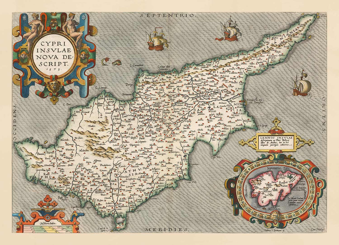 Rare Old Map of Cyprus by Abraham Ortelius, 1573 - Nicosia, Kyrenia, Famagusta, Limassol, Pafos