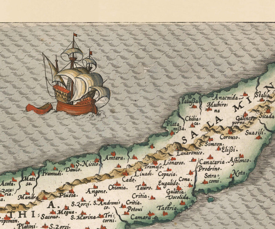 Rara Mappa Antica di Cipro di Abraham Ortelius, 1573 - Nicosia, Kyrenia, Famagosta, Limassol, Pafos 