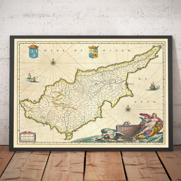 Old Map of Cyprus by Willem Blaeu, 1640 - Nicosia, Kyrenia, Famagusta, Limassol, Pafos, Larnaca