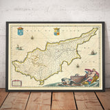 Mappa antica di Cipro di Willem Blaeu, 1640 - Nicosia, Kyrenia, Famagosta, Limassol, Pafos, Larnaca 