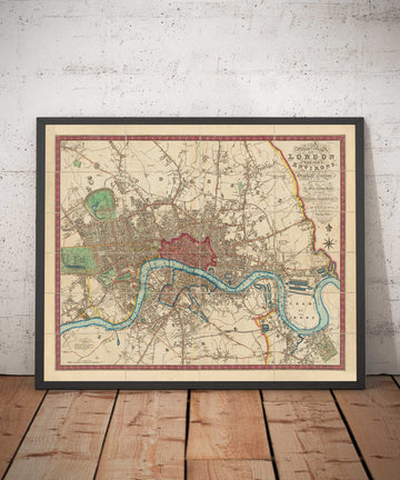 Alte Karte von London und Umgebung im Jahr 1822 von Thompson - Isle of Dogs, Bermondsey, Deptford, Covent Garden, Westminster 