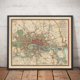 Ancienne carte de Londres et de ses environs en 1822 par Thompson - Isle of Dogs, Bermondsey, Deptford, Covent Garden, Westminster