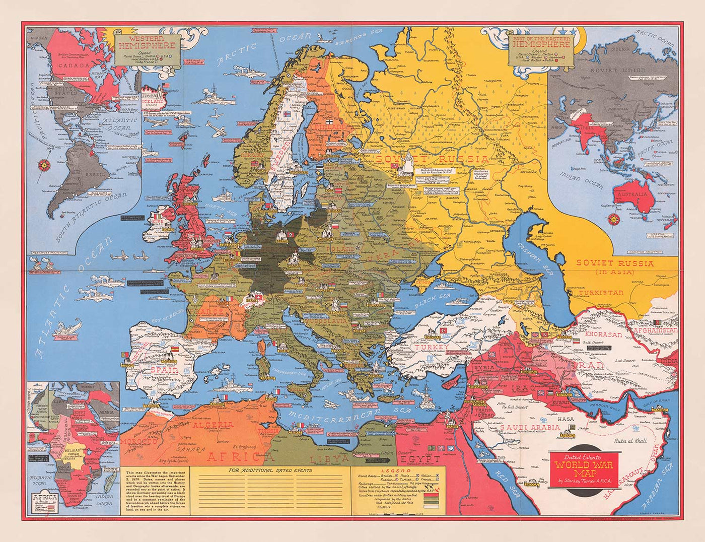 Old World War 2 Map, 1942 by Stanley Turner  - "Dated Events" WW2 History Chart