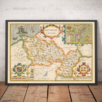 Antica mappa del Denbighshire Galles 1611 di John Speed - Denbigh, Wrexham, Llandudno, Abergele 