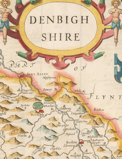 Old Map of Denbighshire Wales 1611 by John Speed - Denbigh, Wrexham, Llandudno, Abergele