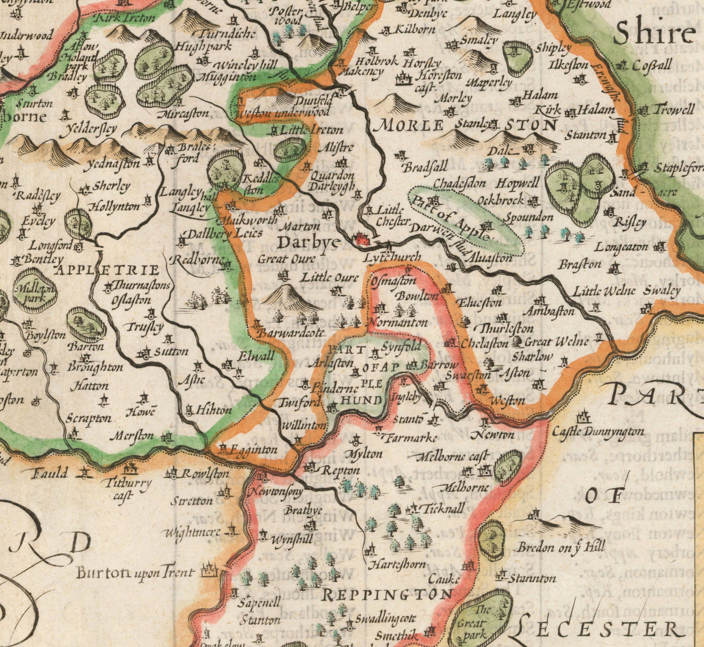 Old Map of Derbyshire, 1611 by John Speed - Derby, Chesterfield, Buxton, Peak District