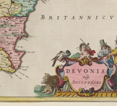Old Map of Devon in 1665 by Joan Blaeu - Plymouth, Exeter, Torquay, Paignton, Exmouth, Barnstaple, West Country