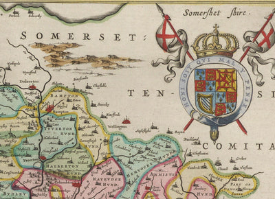 Old Map of Devon in 1665 by Joan Blaeu - Plymouth, Exeter, Torquay, Paignton, Exmouth, Barnstaple, West Country