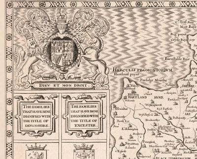 Old Map of Devon, 1611 by John Speed - Plymouth, Exeter, Torquay, Paignton, Exmouth, Barnstaple