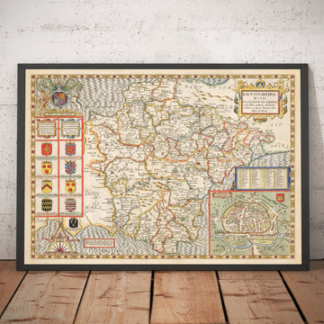 Mapa antiguo de Devon, 1611 de John Speed ​​- Plymouth, Exeter, Torquay, Paignton