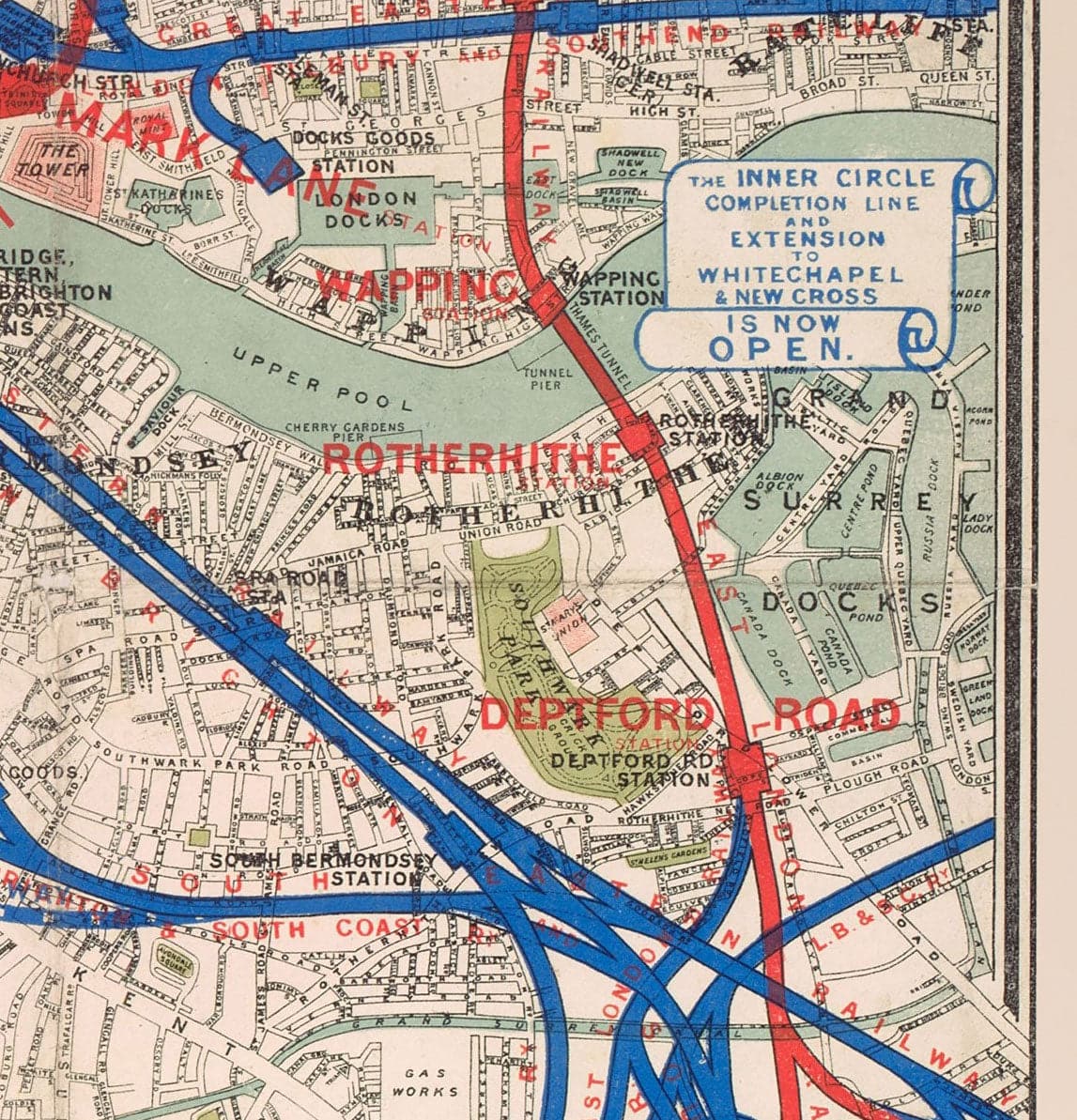 Old London District Railway Map, 1884, Third Edition - Early Underground Piccadilly, Circle, District Tube Map