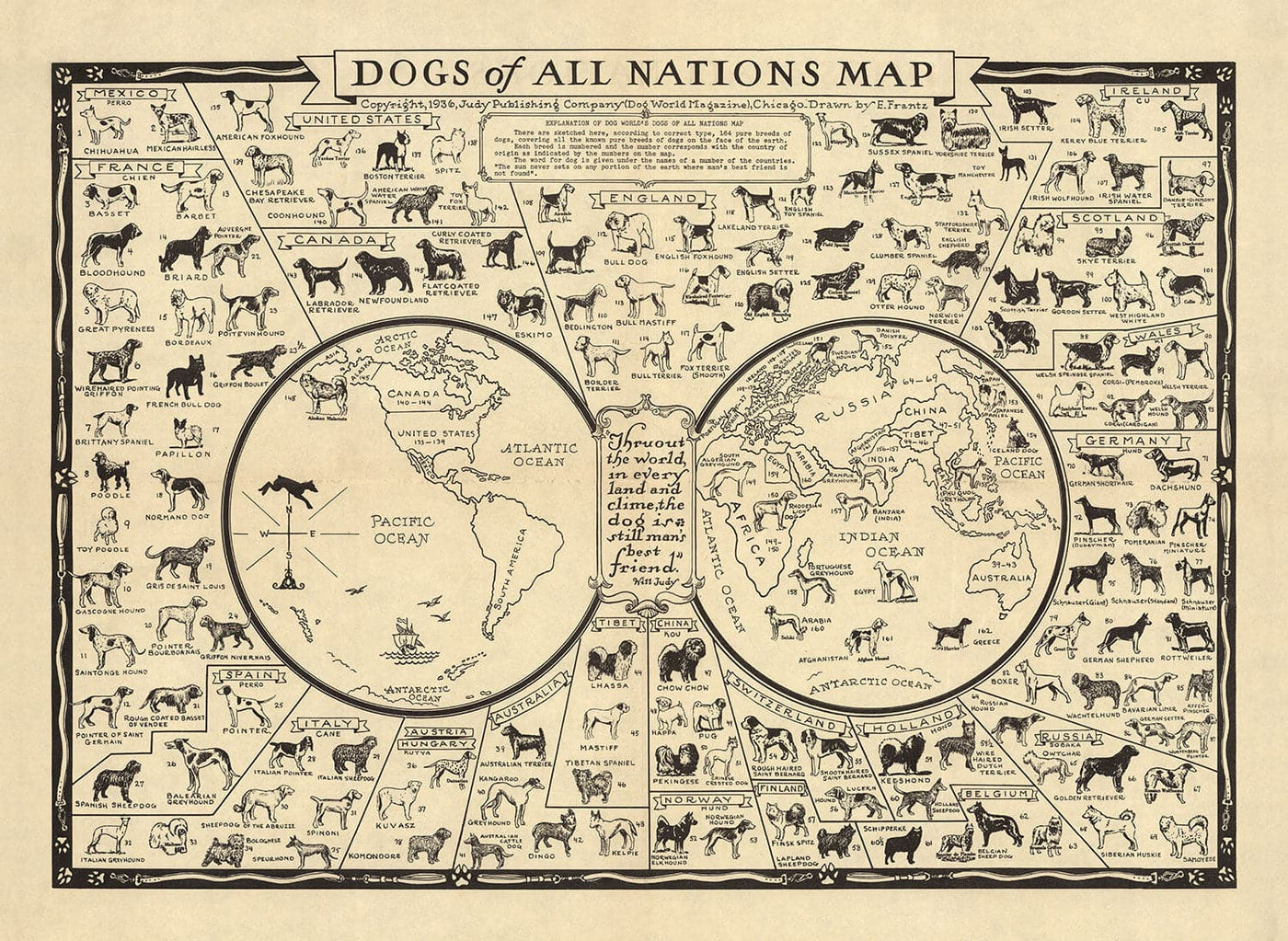 Old Dog Map, 1936 - World Atlas Chart of Breeds - Terrier, Bulldog, Pug, German Shepherd, Husky, Retriever, Sheepdog