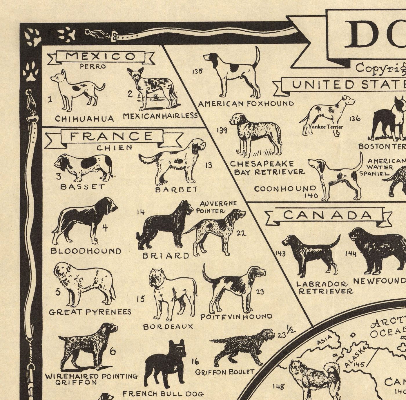 Old Dog Map, 1936 - World Atlas Chart of Breeds - Terrier, Bulldog, Pug, German Shepherd, Husky, Retriever, Sheepdog