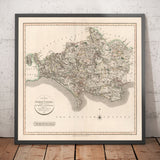 Antiguo mapa de Dorset en 1806 por John Cary - Dorchester, Poole, Weymouth, Corfe Castle, Wimborne Minster