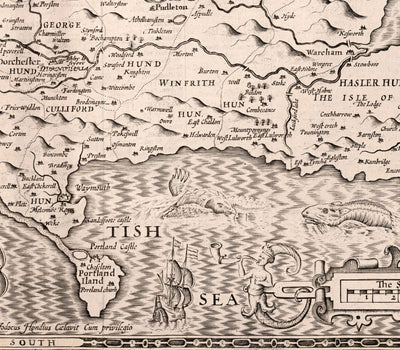 Old Map of Dorset in 1611 by John Speed - Poole, Weymouth, Dorchester, Bridport, Lyme Regis
