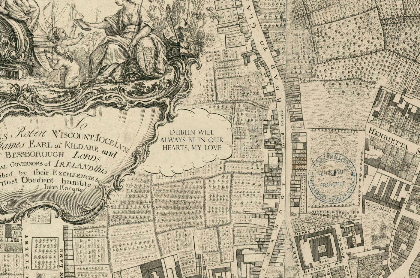 Old Map of Dublin, Ireland in 1756 by John Rocque