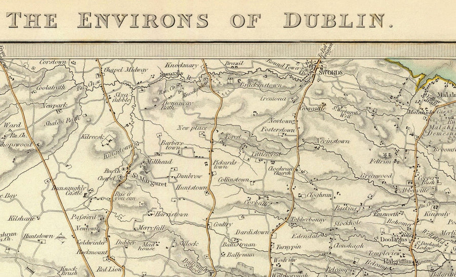 Antica mappa di Dublino e dei sobborghi, Irlanda, 1837 di SDUK - Leinster, Baia di Dublino, Grande Dublino 