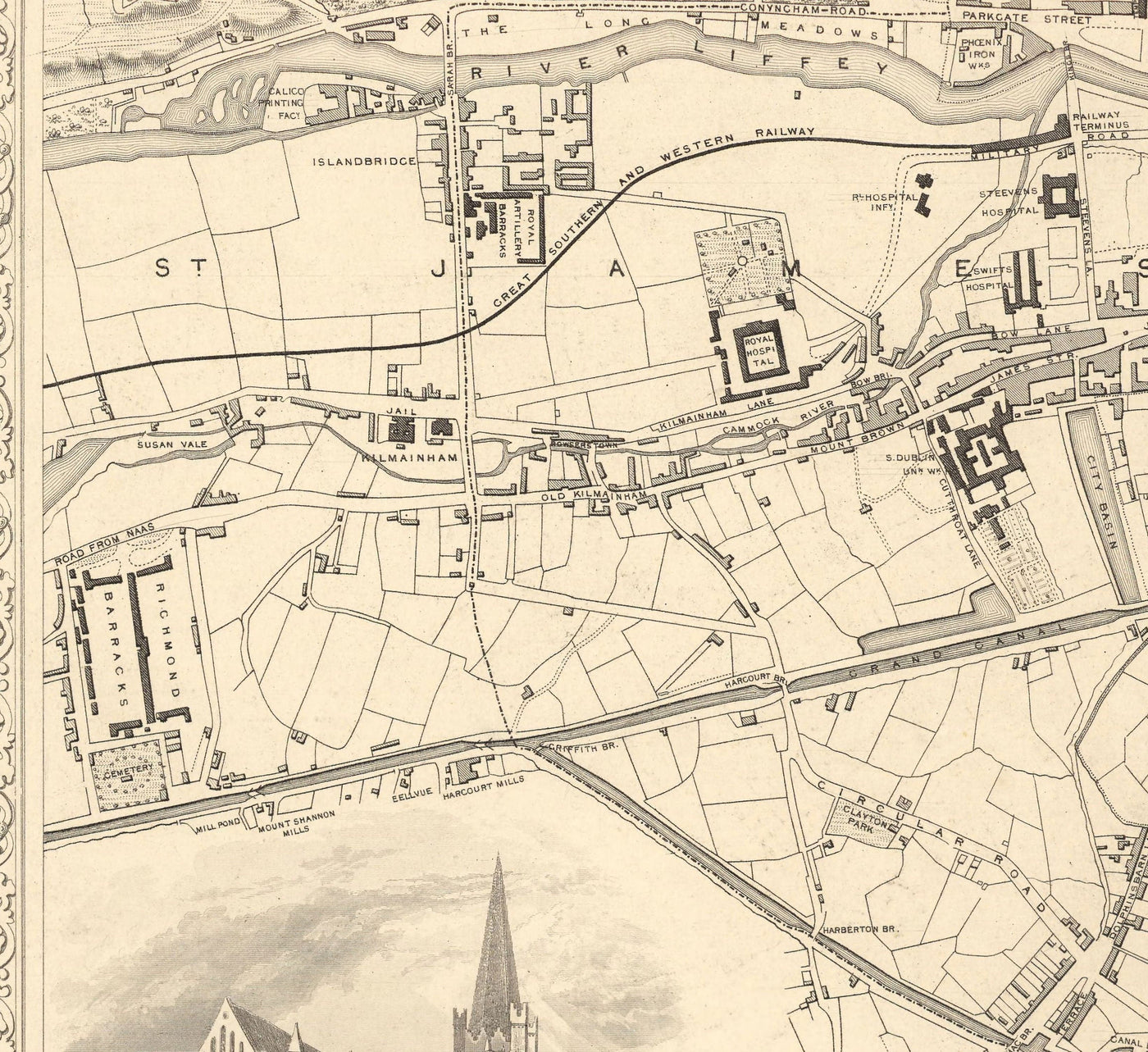 Old Map of Dublin, Ireland, 1851 by Tallis & Rapkin - Central, Temple Bar, Stoneybatter, Docklands, Liffey, Leinster