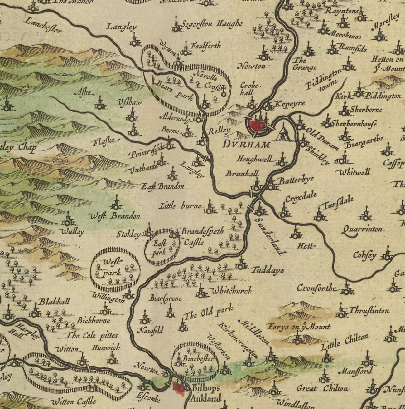 Old Map of County Durham, 1665 by Joan Blaeu - Darlington, Stockton-on-Tees, Sunderland, Hartlepool, Newcastle, Gateshead