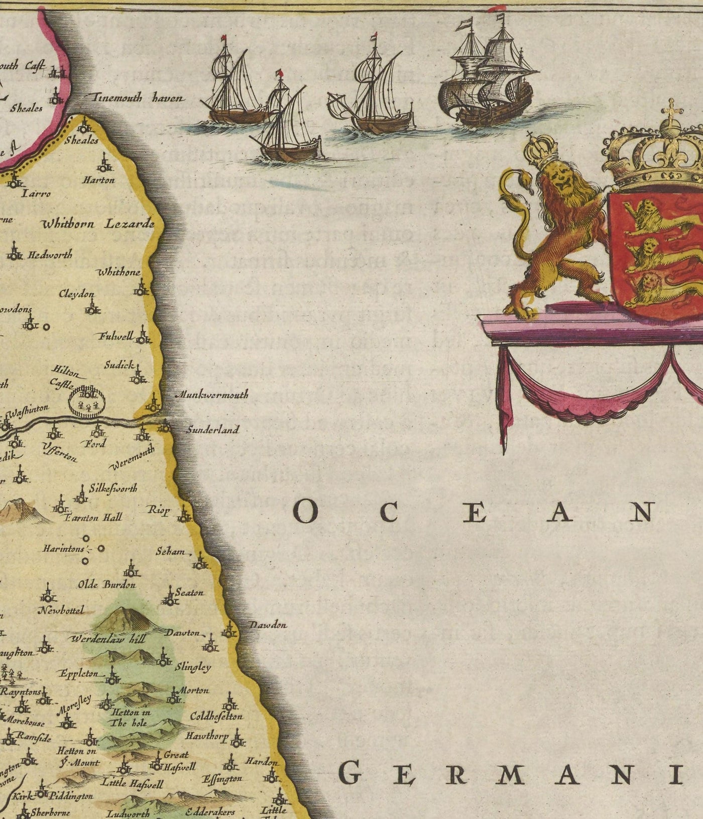 Old Map of County Durham, 1665 by Joan Blaeu - Darlington, Stockton-on-Tees, Sunderland, Hartlepool, Newcastle, Gateshead