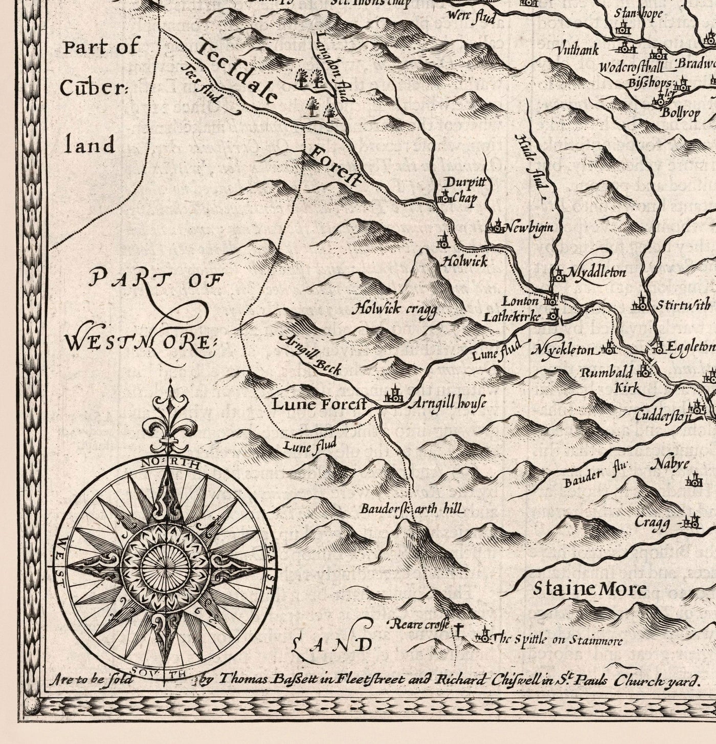 Old Monochrome Map of County Durham, 1611 by John Speed - Darlington, Stockton-on-Tees, Sunderland, Newcastle