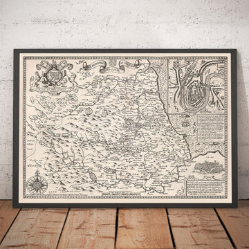 Old Monochrome Carte du comté Durham, 1611 par John Vitesse - Darlington, Stockton-On-Tees, Sunderland, Newcastle
