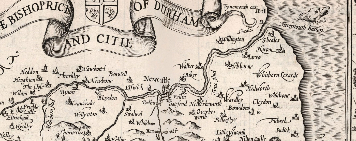 Old Monochrome Map of County Durham, 1611 by John Speed - Darlington, Stockton-on-Tees, Sunderland, Newcastle