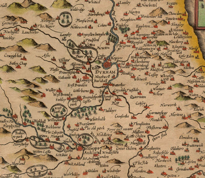 Old Map of County Durham, 1611 by John Speed - Darlington, Stockton-on-Tees, Sunderland