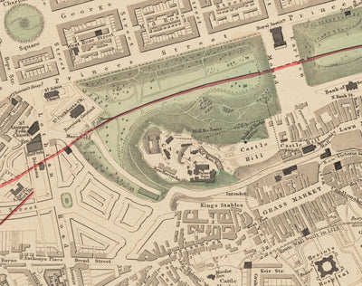 Mapa antiguo de Edimburgo, Escocia en 1853 por WB Clarke y George Cox - Waverley, Ciudad Vieja, Ciudad Nueva, Castillo, Ferrocarril, Arthurs Seat