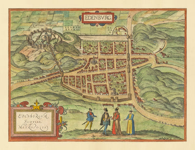 Old Map of Edinburgh, 1580 by Georg Braun - Castle, City Walls, St Giles Cathedral, Old Town