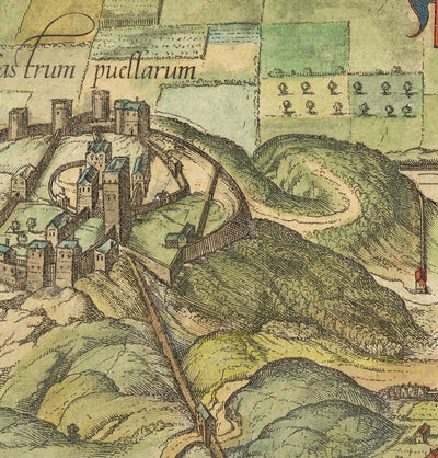 Old Map of Edinburgh, 1580 by Georg Braun - Castle, City Walls, St Giles Cathedral, Old Town