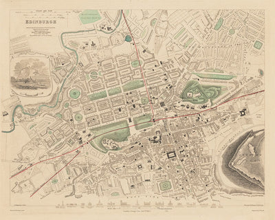Ancienne carte d'Édimbourg, Écosse en 1853 par WB Clarke et George Cox - Waverley, vieille ville, nouvelle ville, château, chemin de fer, Arthurs Seat