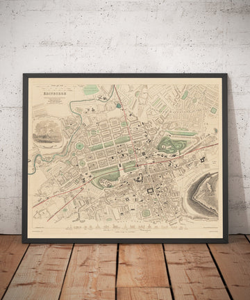 Mapa antiguo de Edimburgo, Escocia en 1853 por WB Clarke y George Cox - Waverley, Ciudad Vieja, Ciudad Nueva, Castillo, Ferrocarril, Arthurs Seat