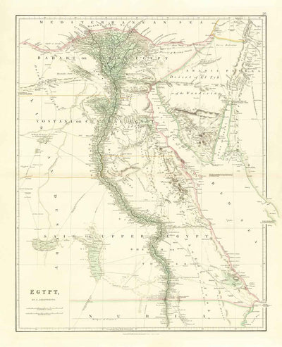 Ancienne carte d'Égypte, 1832 par Arrowsmith - Le Caire, Gizeh, Alexandrie, Pyramides, Nil, Mer Rouge, Jérusalem, Moyen-Orient