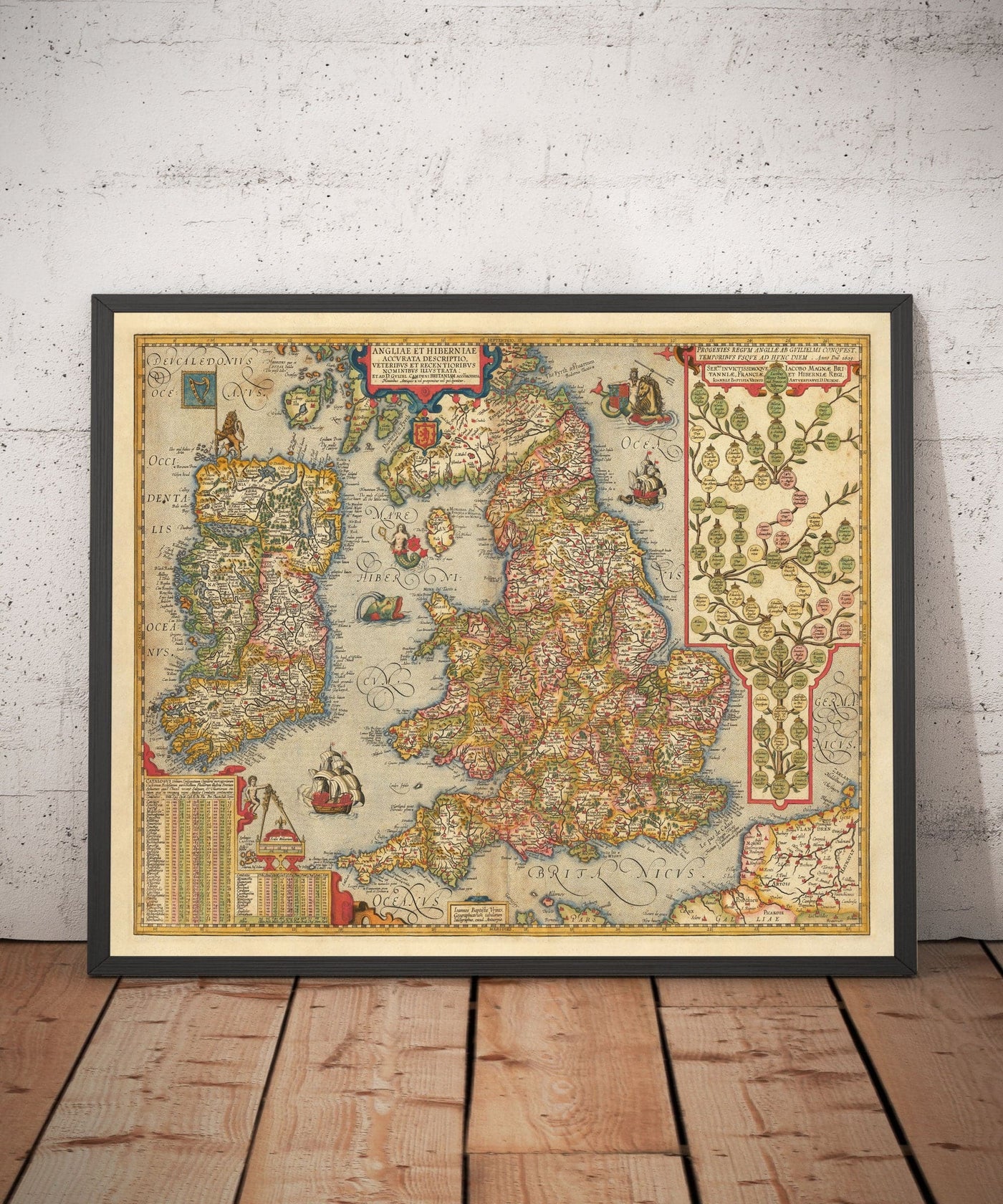 Old Colour Map of England & Ireland in 1605 by Abraham Ortelius - History & Monarchy Family Tree - Stuarts, Tudors, Plantagenets