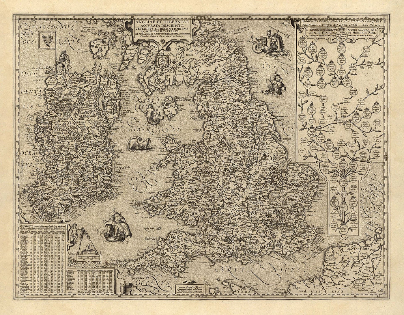 Old Map of England & Ireland in 1605 by Abraham Ortelius