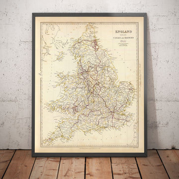 Ancienne carte des chemins de fer et des canaux en Angleterre et au Pays de Galles en 1837 par SDUK - Transport, Chemins de fer, Chemins de fer nationaux, Rivières