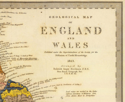 Old geological map of England & Wales by Roderick Impey Murchison, 1843